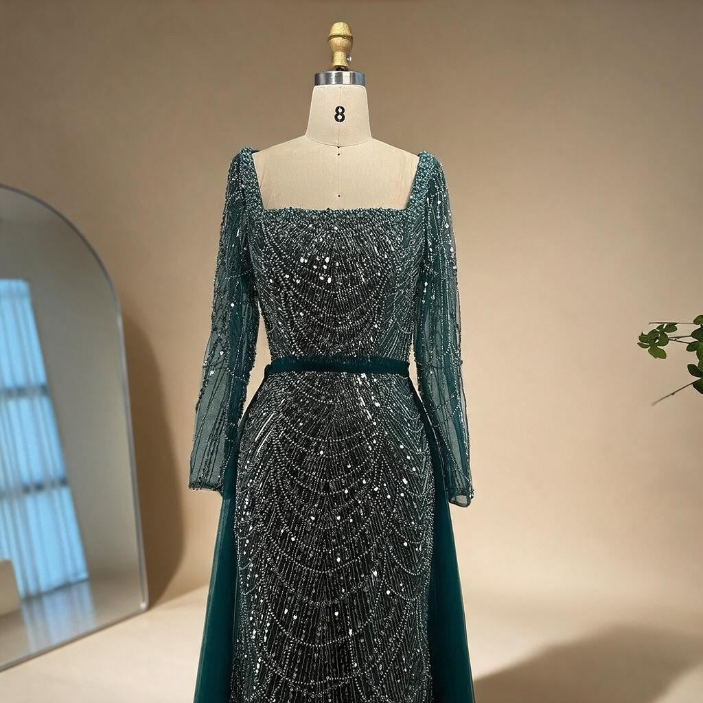 Elegant Dubai Sage Green Mermaid Evening Dress with Cape Sleeves Beaded Formal Gown Customized DLA72160A | Nightbubo