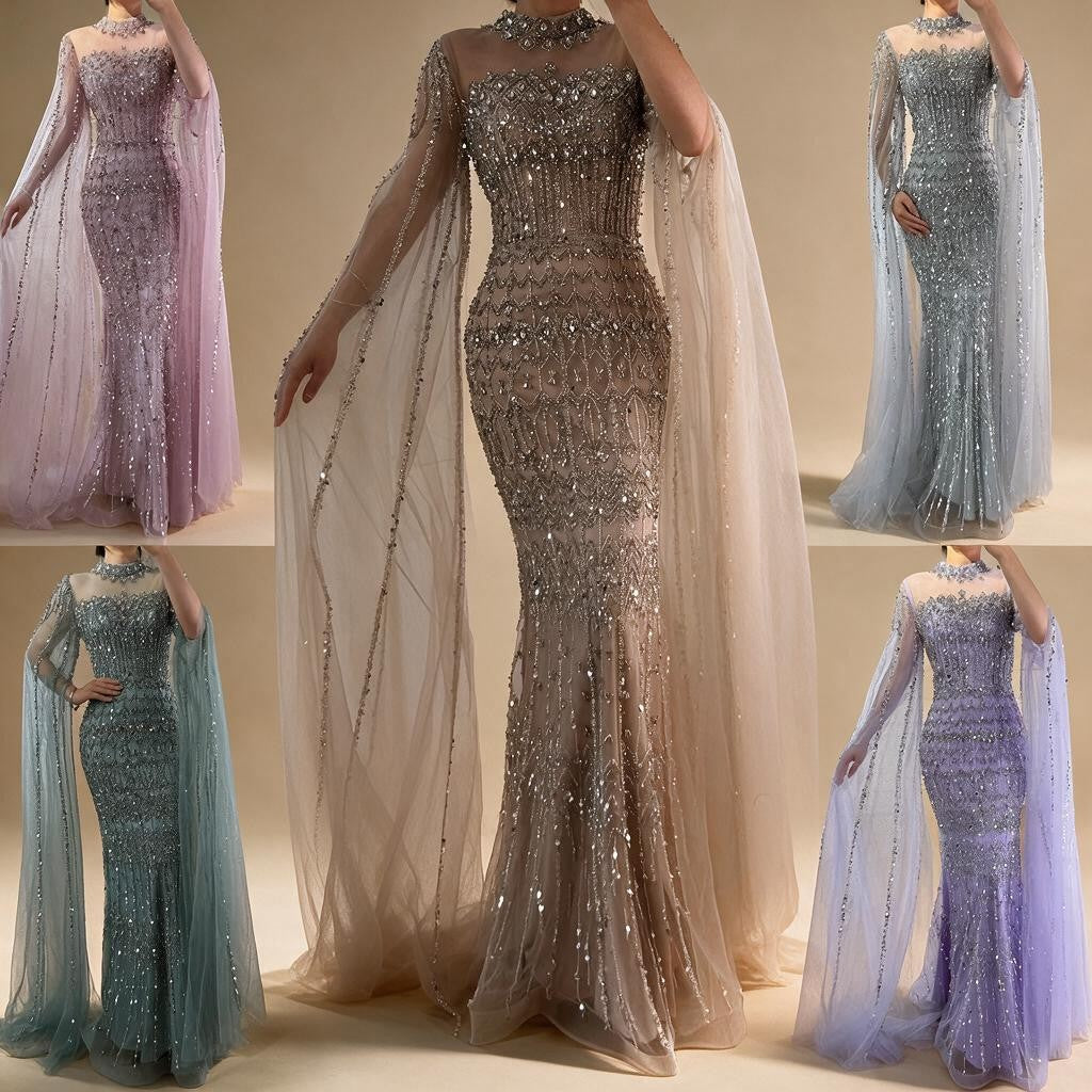 Dubai Blue Beaded Evening Dress with Cape Sleeves Formal Party Gowns for Women DLA72714A Customized | Nightbubo