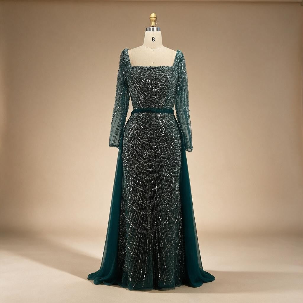 Green Square Collar Long Sleeve Mermaid Pearls Beaded Evening Party Gown Overskirt Dress DLA72032N Customized | Nightbubo