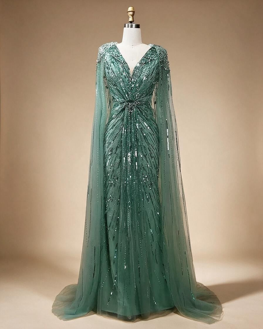 V-neck Turquoise Beaded Mermaid Evening Dress with Cape Plus Size Party Gowns for Women DLA72168A Customized | Nightbubo