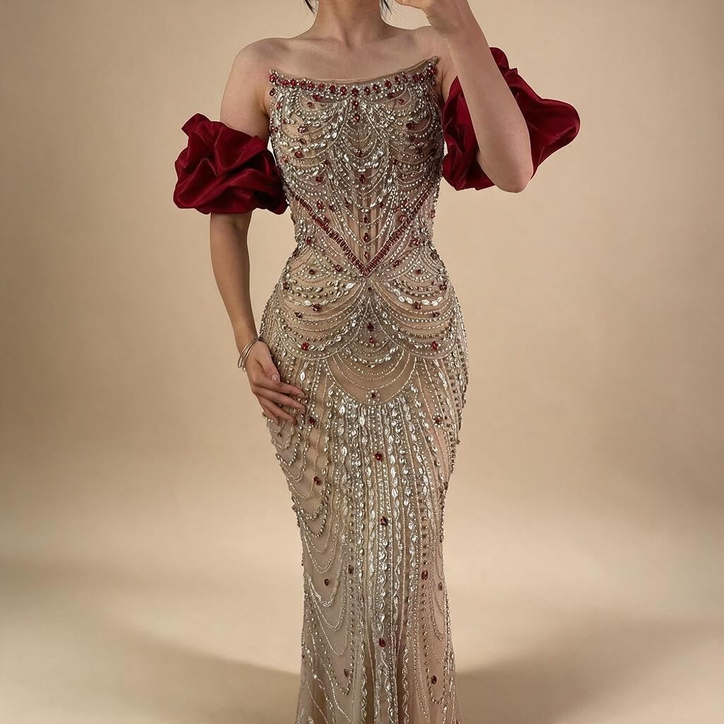 Luxury Beaded Evening Dresses with Elegant Puff Sleeves Pearl Beaded Adorned Design DLA72903 Customized | Nightbubo