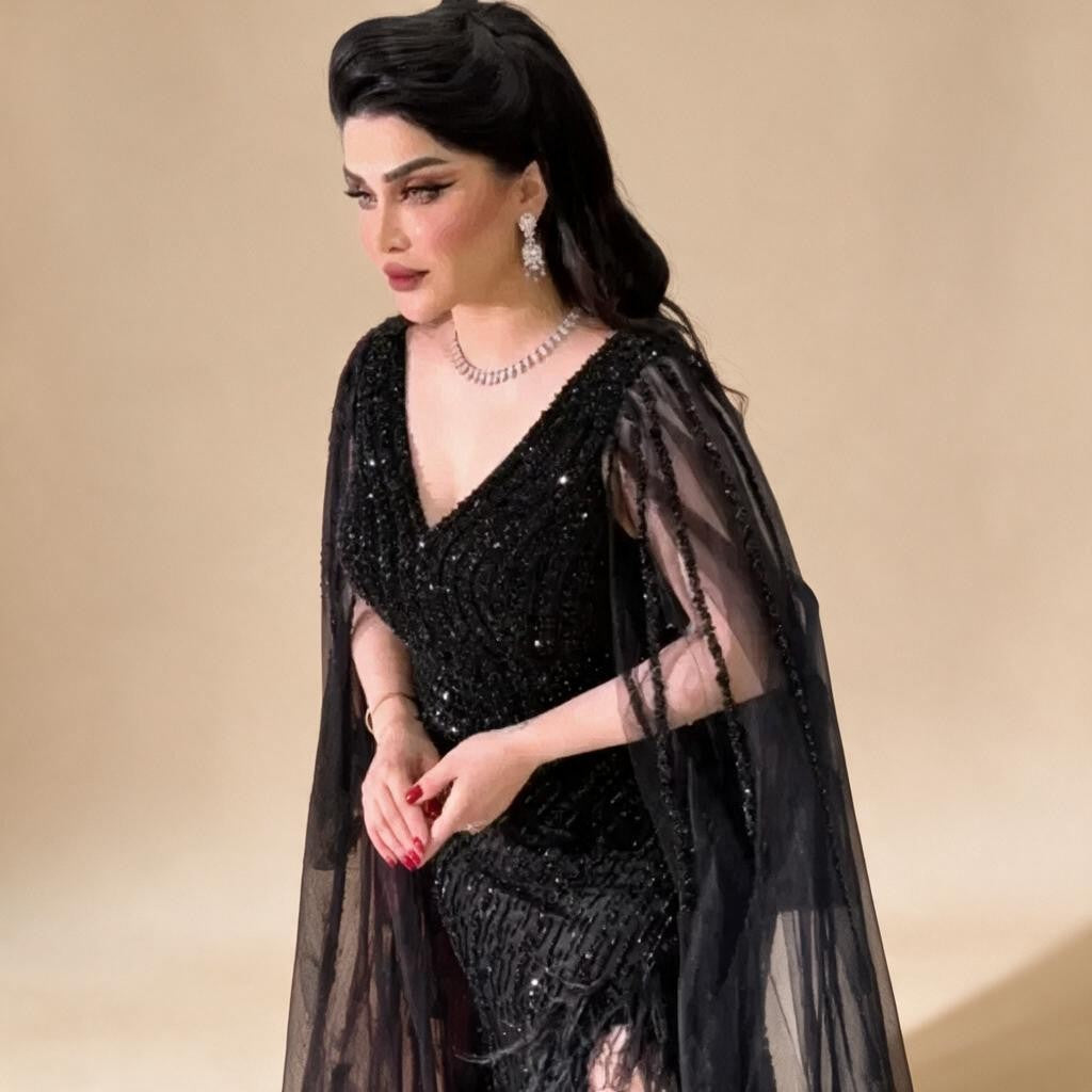 Black Mermaid Cape Sleeves Feathers Beaded Evening Dresses Party Gowns with Split for Women DLA72216 Customized | Nightbubo