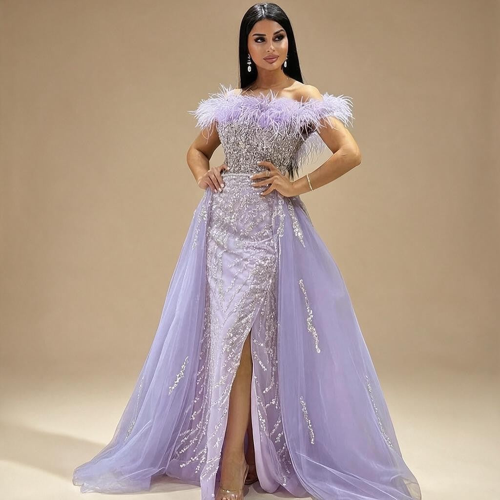 Yellow Feathers Beaded Mermaid Evening Dresses with Overskirt Side Slit Party Gowns for Women DLA72061 Customized | Nightbubo