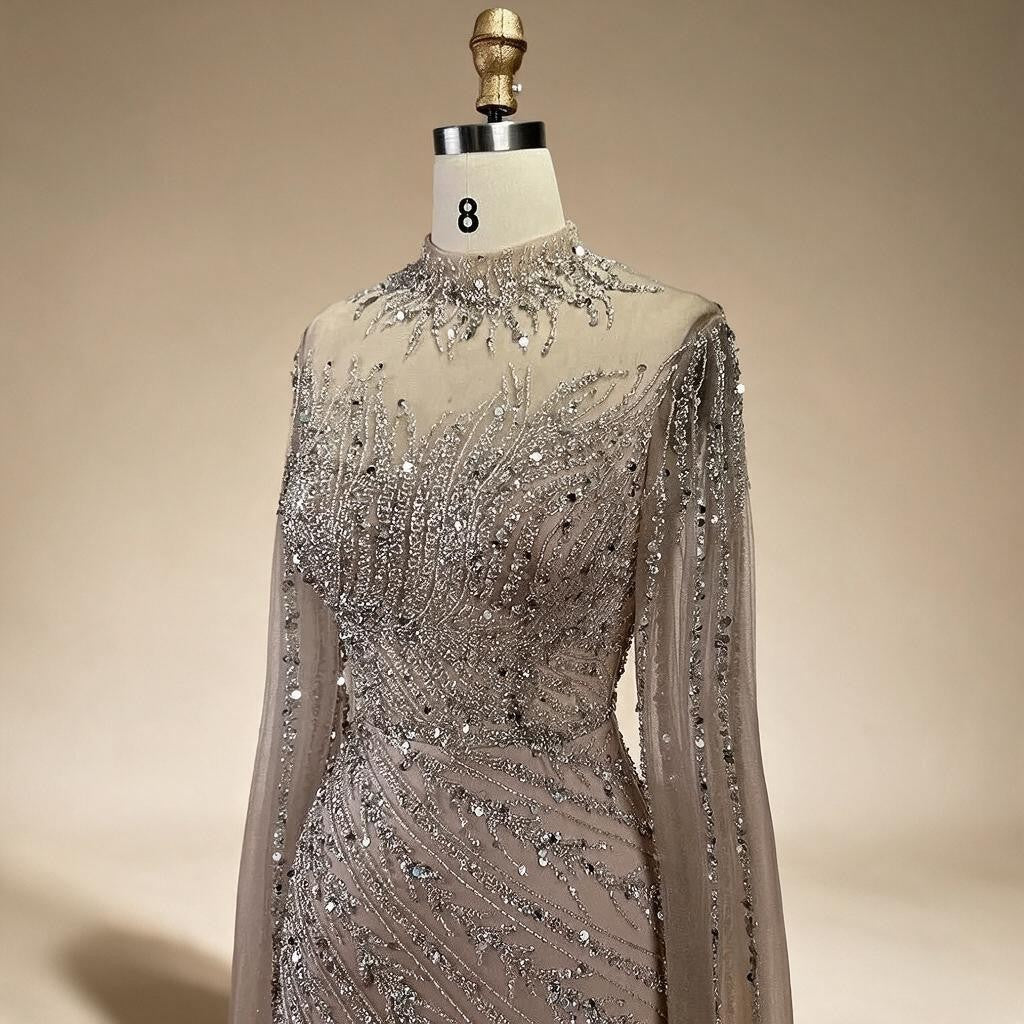 Customized Caramel Mermaid Beaded Cape Sleeves Evening Dresses Dubai Party Gowns for Women Wedding DLA71885A | Nightbubo