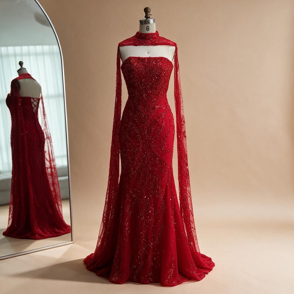 Red Mermaid Detachable Cape Sleeves Evening Dresses with Lace Up Back Party Gowns for Women DLA72824 Customized | Nightbubo