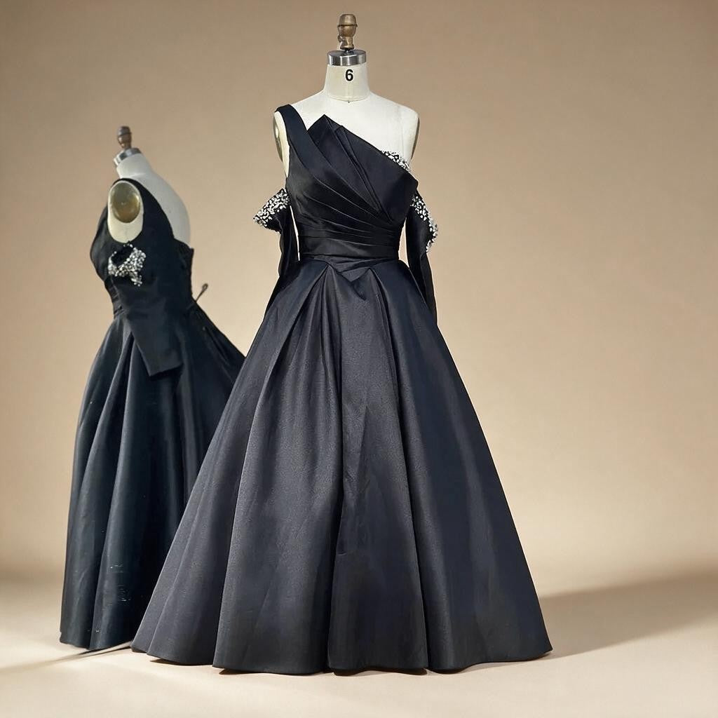 Elegant Black One-Shoulder A Line Beaded Evening Dresses Gowns with Sleeveless For Party DLA72741 Customized | Nightbubo