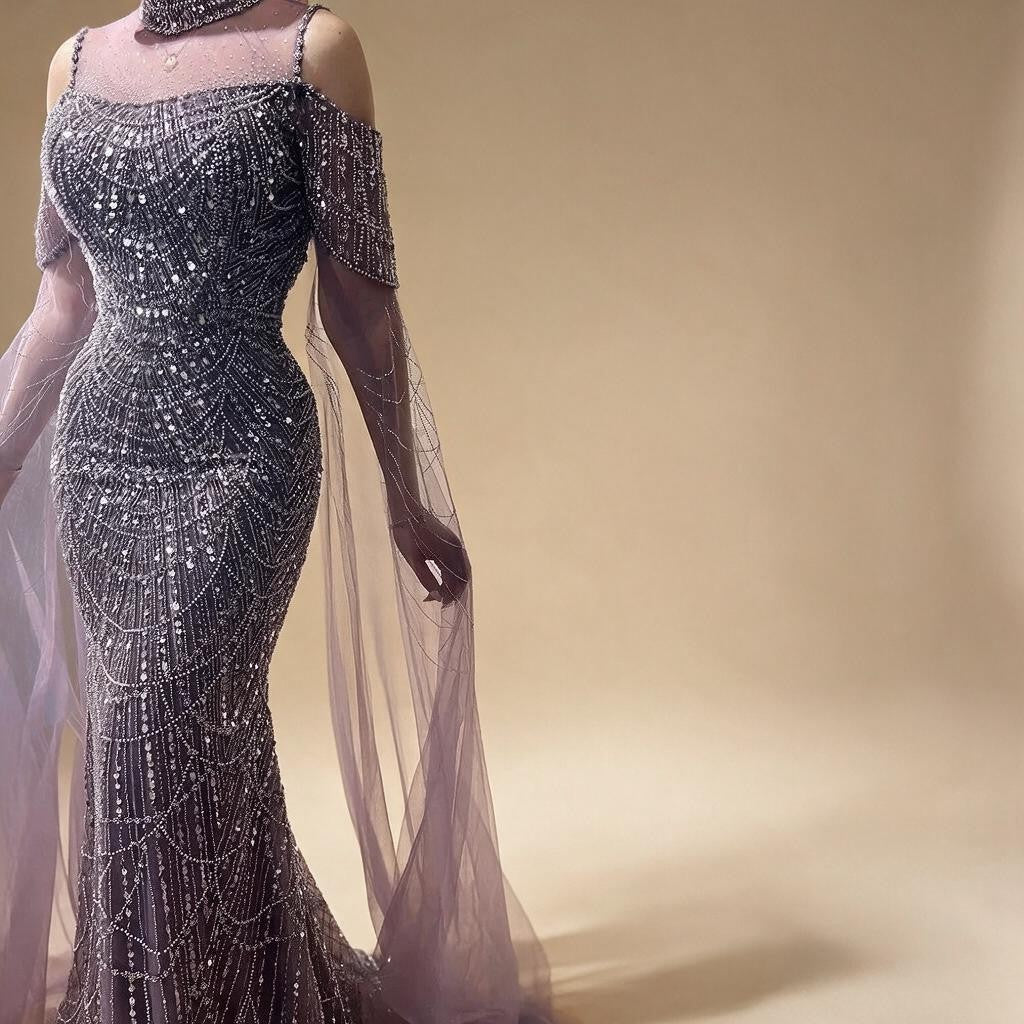 Dubai Purple Mermaid Cape Sleeves Beaded Long Evening Dress For Formal Occasion DLA71992 Customized | Nightbubo