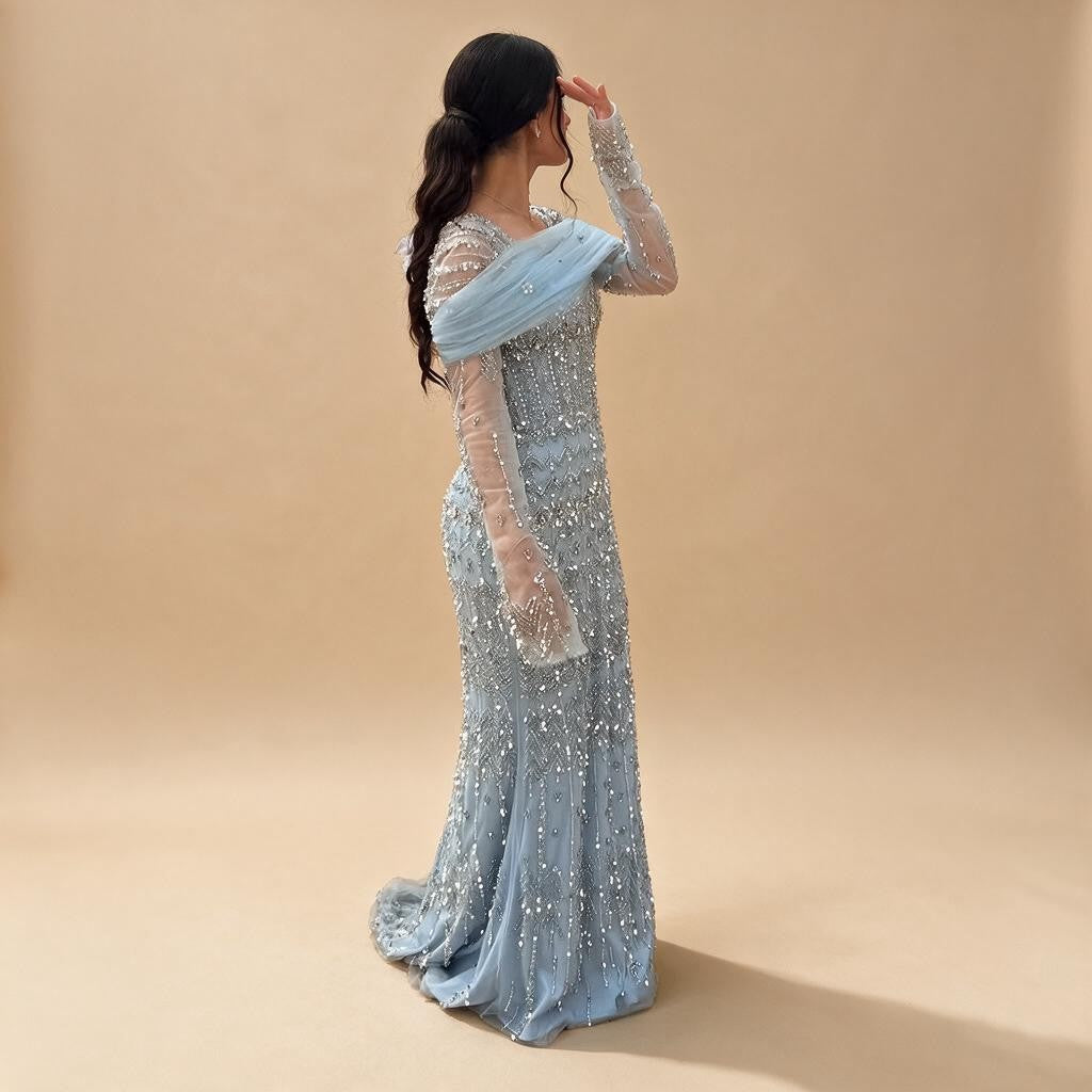 Blue Mermaid Beaded Evening Dresses with Detachable Sleeves Elegant Party Gowns for Women DLA72714 Customized | Nightbubo