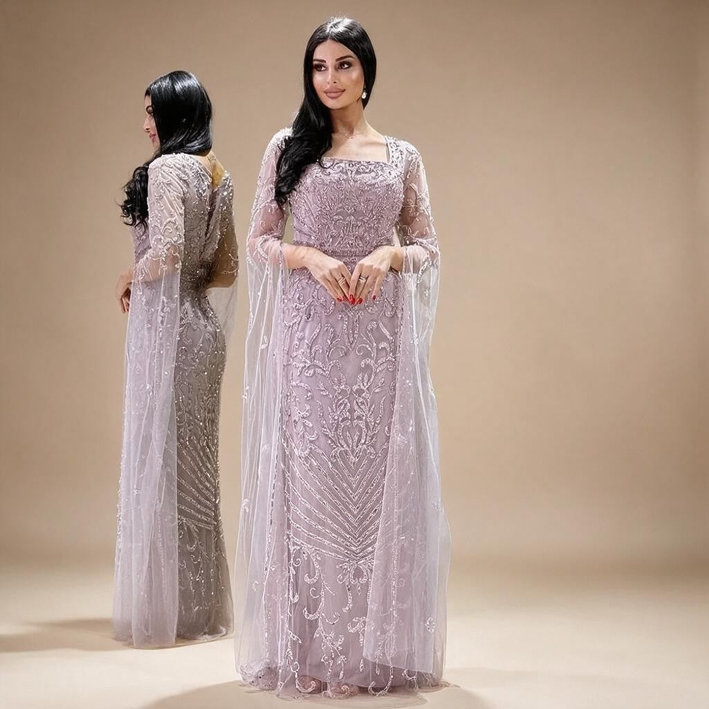 2026 Dubai Pink Mermaid Long Evening Dress with Beaded Cape Gown for Wedding Occasion DLA72400A Customized | Nightbubo