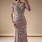 Pink V-neck Long Sleeves Mermaid Luxury Beaded Evening Dress 2026 Wedding Party Gowns DLA73191 Customized | Nightbubo