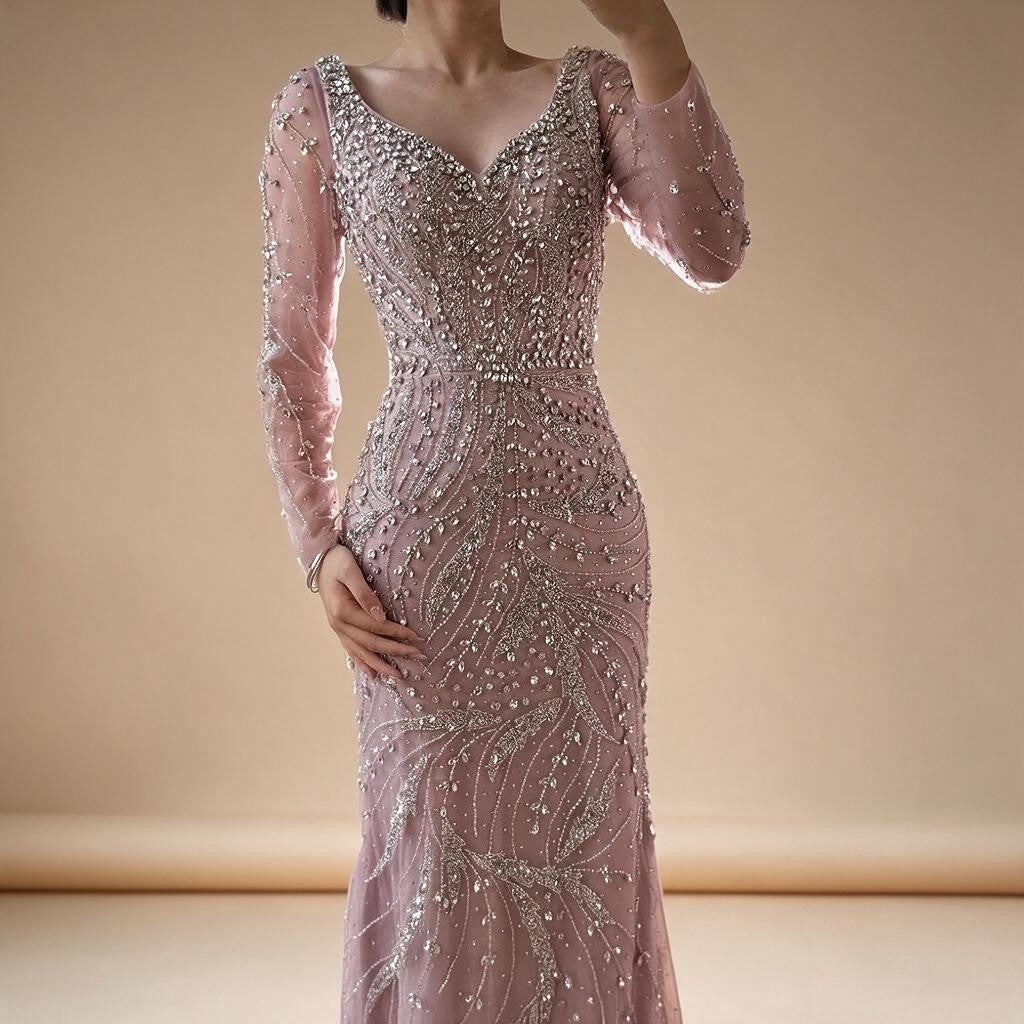 Pink V-neck Long Sleeves Mermaid Luxury Beaded Evening Dress 2026 Wedding Party Gowns DLA73191 Customized | Nightbubo