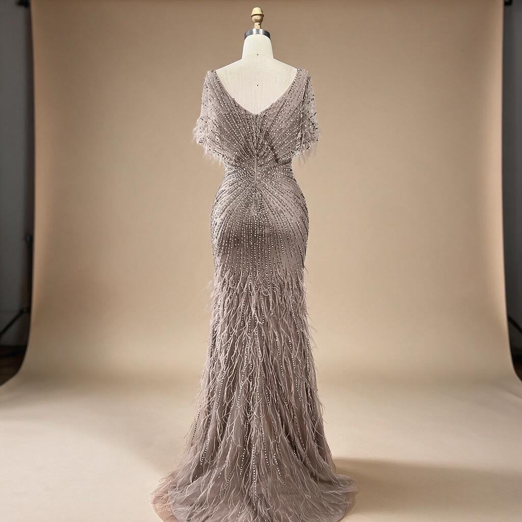 Brown Mermaid Beaded Feathers Evening Dresses Elegant Party Gowns for Women DLA71323 Customized | Nightbubo