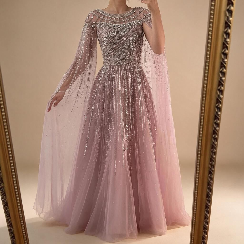 Pink A-line Evening Dress with Cape Sleeves Beaded Wedding Party Gowns for Women DLA72994 Customized | Nightbubo