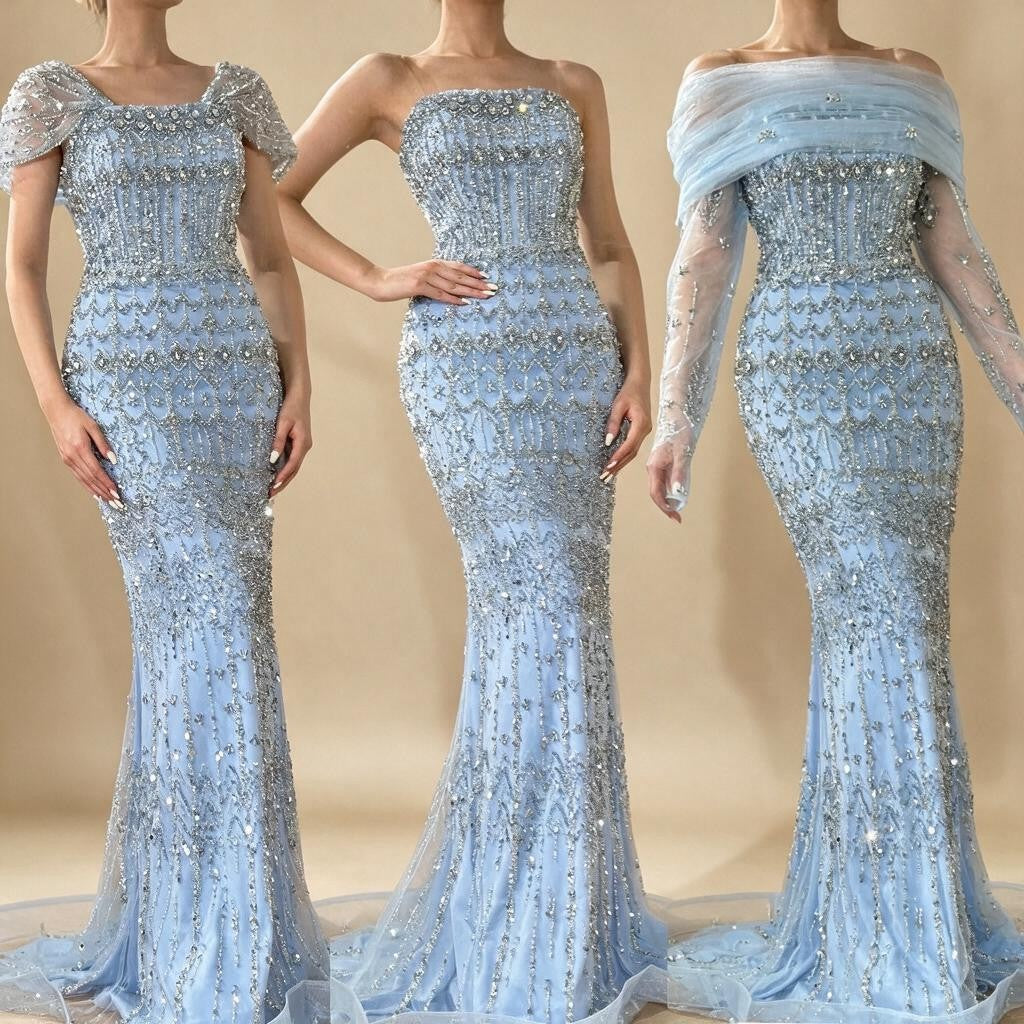 Blue Mermaid Beaded Evening Dresses with Detachable Sleeves Elegant Party Gowns for Women DLA72714 Customized | Nightbubo