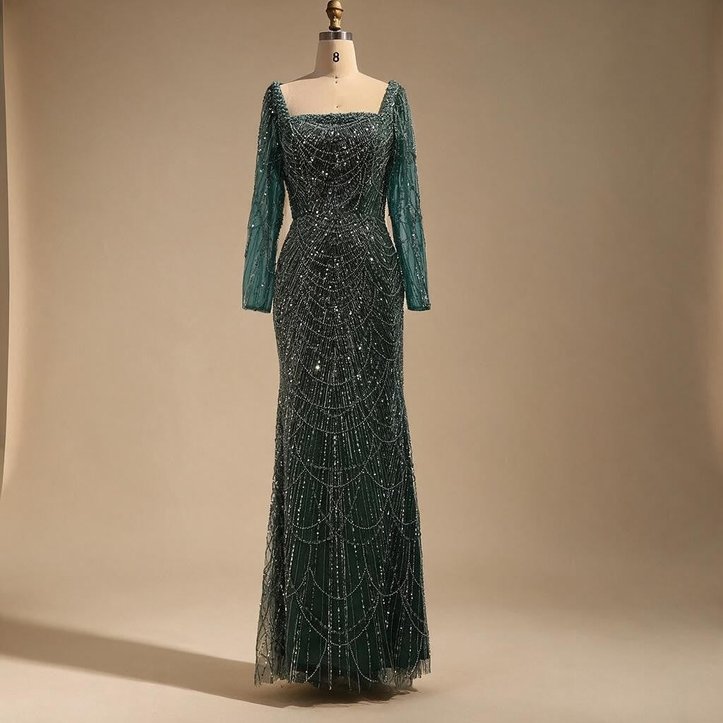 Green Square Collar Long Sleeve Mermaid Pearls Beaded Evening Party Gown Overskirt Dress DLA72032N Customized | Nightbubo