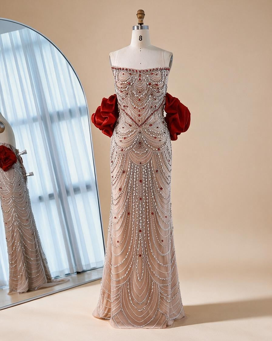 Luxury Beaded Evening Dresses with Elegant Puff Sleeves Pearl Beaded Adorned Design DLA72903 Customized | Nightbubo