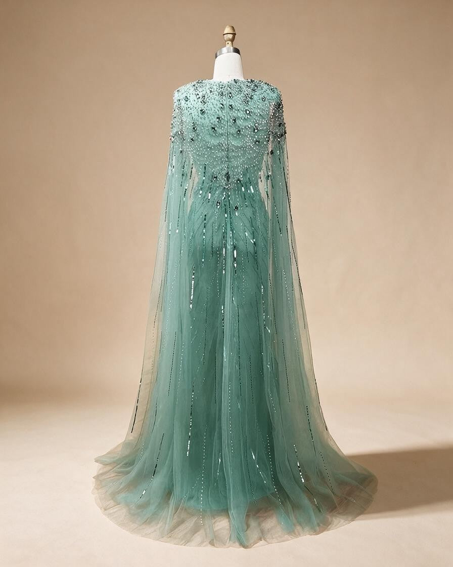 V-neck Turquoise Beaded Mermaid Evening Dress with Cape Plus Size Party Gowns for Women DLA72168A Customized | Nightbubo