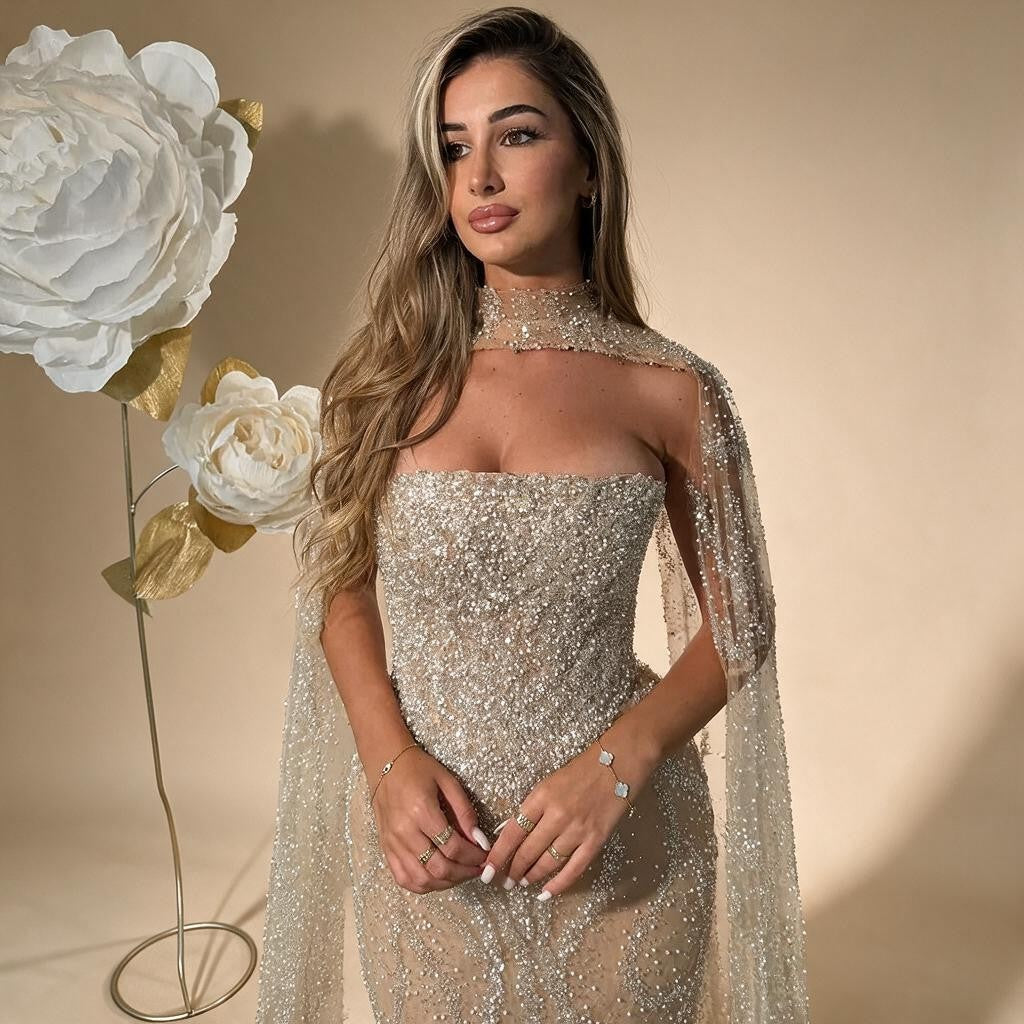 Red Mermaid Detachable Cape Sleeves Evening Dresses with Lace Up Back Party Gowns for Women DLA72824 Customized | Nightbubo