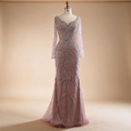 Pink V-neck Long Sleeves Mermaid Luxury Beaded Evening Dress 2026 Wedding Party Gowns DLA73191 Customized | Nightbubo