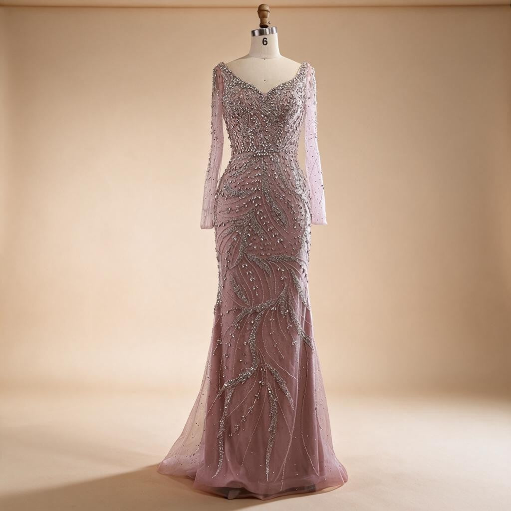 Pink V-neck Long Sleeves Mermaid Luxury Beaded Evening Dress 2026 Wedding Party Gowns DLA73191 Customized | Nightbubo