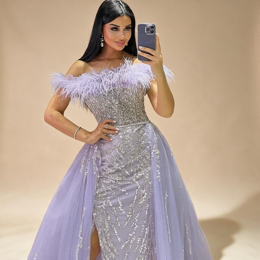 Yellow Feathers Beaded Mermaid Evening Dresses with Overskirt Side Slit Party Gowns for Women DLA72061 Customized | Nightbubo