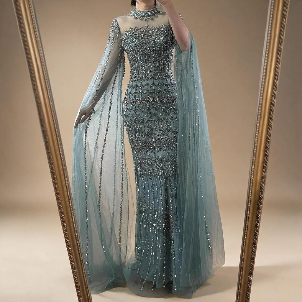 Dubai Blue Beaded Evening Dress with Cape Sleeves Formal Party Gowns for Women DLA72714A Customized | Nightbubo