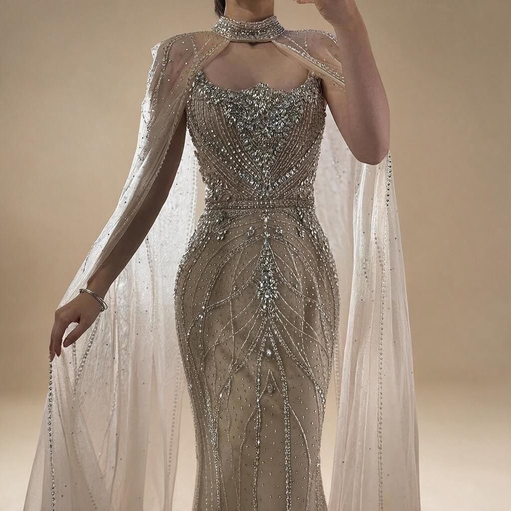 Pink Strapless Mermaid Beaded Evening Dress with Cape Wedding Party Gowns for Women DLA73195 Customized | Nightbubo