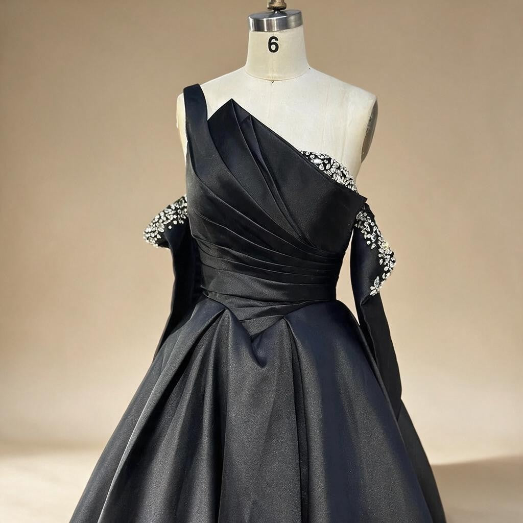 Elegant Black One-Shoulder A Line Beaded Evening Dresses Gowns with Sleeveless For Party DLA72741 Customized | Nightbubo