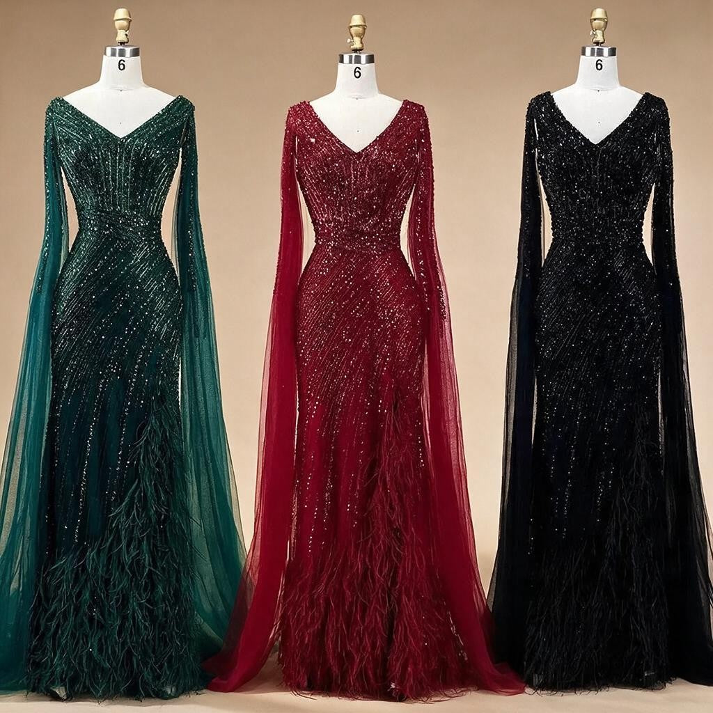 Black Mermaid Cape Sleeves Feathers Beaded Evening Dresses Party Gowns with Split for Women DLA72216 Customized | Nightbubo