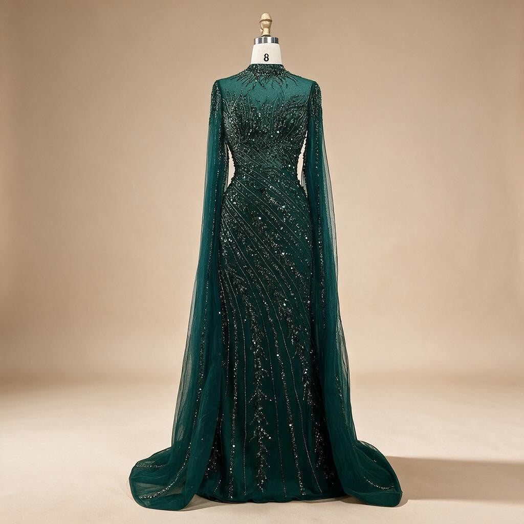 Customized Caramel Mermaid Beaded Cape Sleeves Evening Dresses Dubai Party Gowns for Women Wedding DLA71885A | Nightbubo