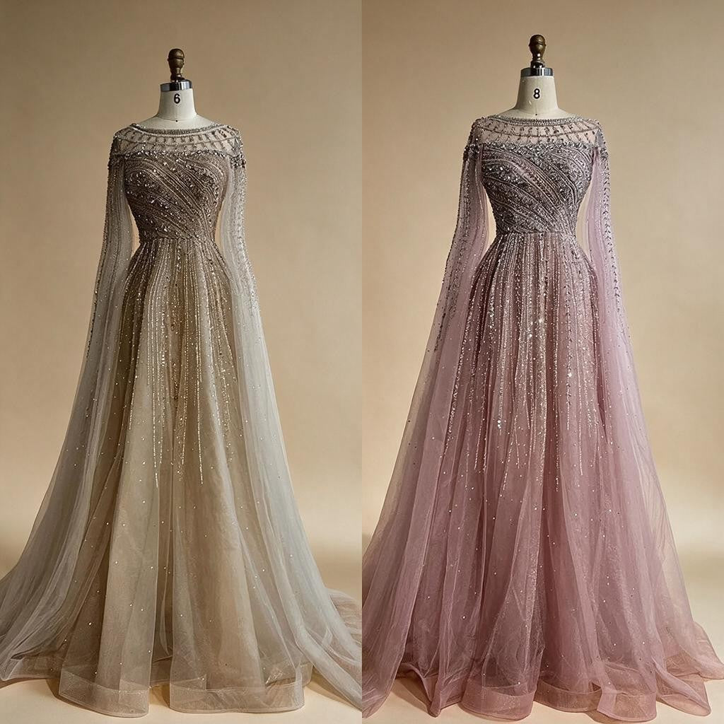 Pink A-line Evening Dress with Cape Sleeves Beaded Wedding Party Gowns for Women DLA72994 Customized | Nightbubo