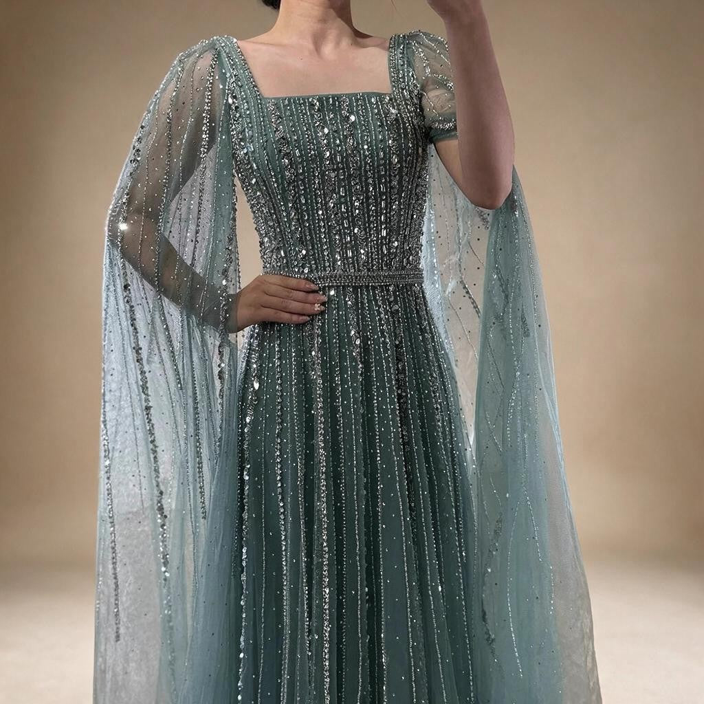 Turquoise Square Collar Beaded Evening Dress with Cape Sleeves Dubai Pary Gowns for Women DLA73188 Customized | Nightbubo