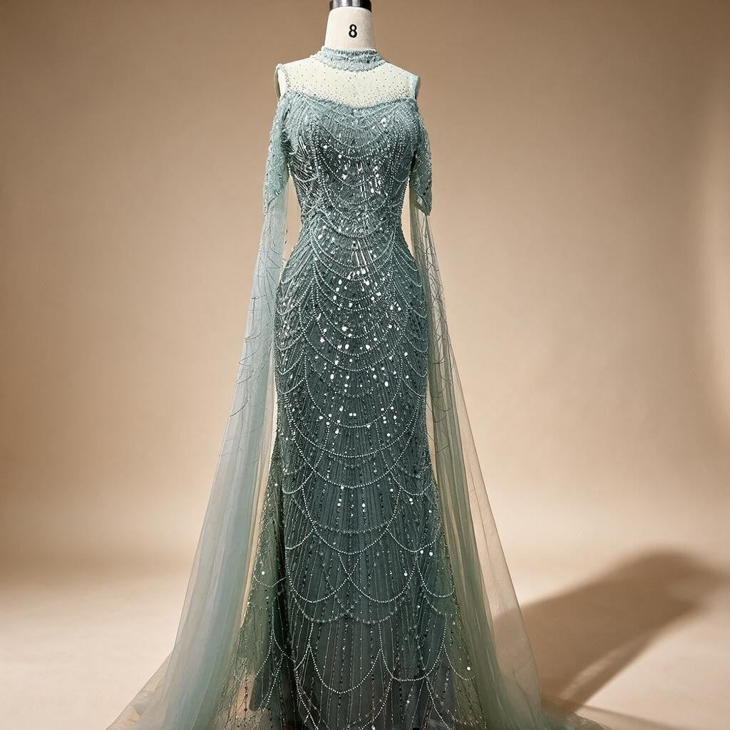 Dubai Purple Mermaid Cape Sleeves Beaded Long Evening Dress For Formal Occasion DLA71992 Customized | Nightbubo