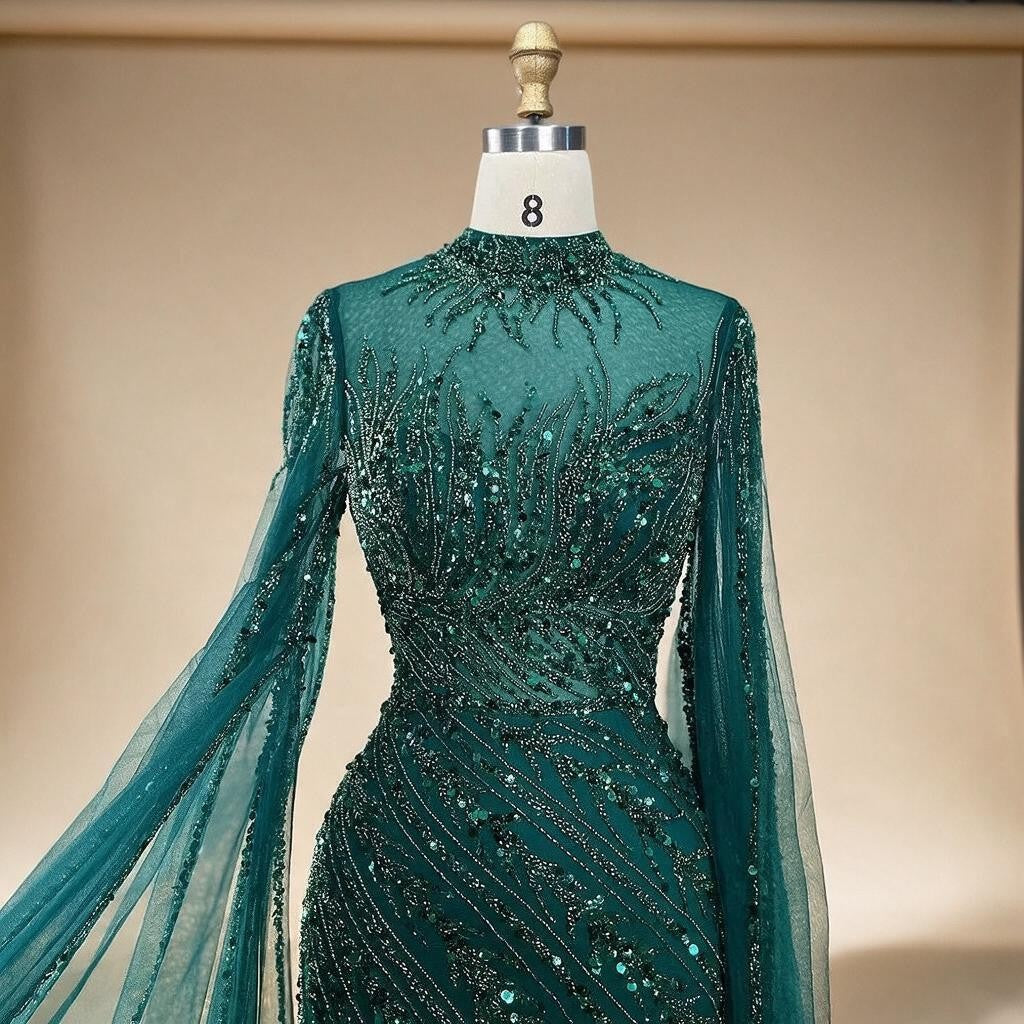 Customized Caramel Mermaid Beaded Cape Sleeves Evening Dresses Dubai Party Gowns for Women Wedding DLA71885A | Nightbubo