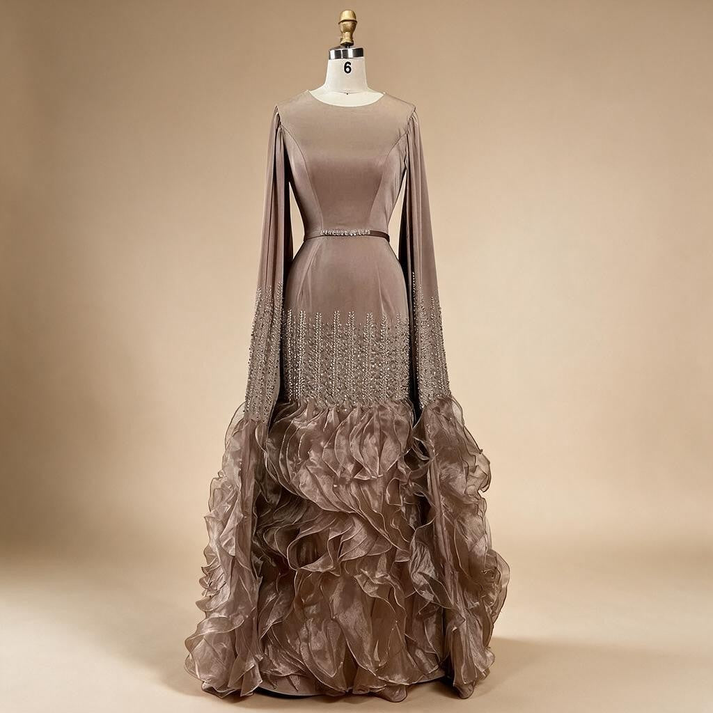 Champagne Mermaid Luxury Cape Sleeves Beaded Satin Saudi Evening Dresses Gowns for Party DLA72317A Customized | Nightbubo