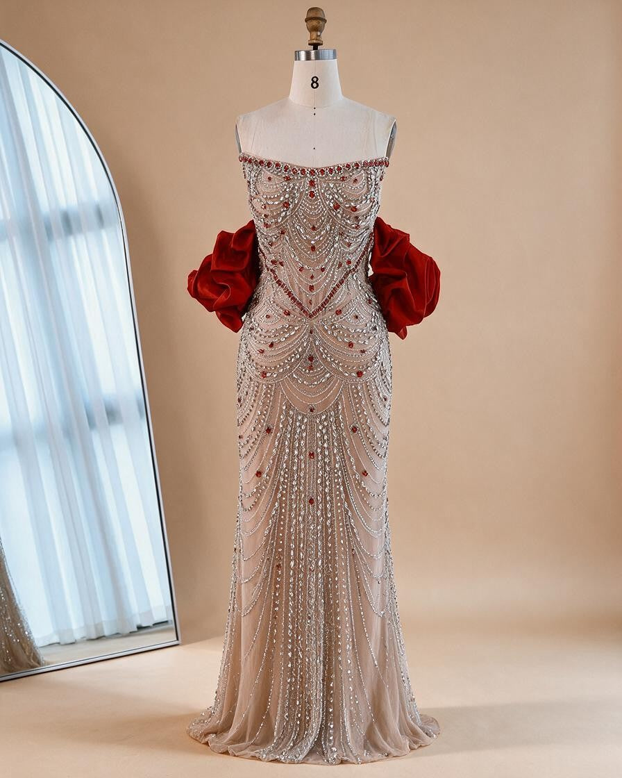Luxury Beaded Evening Dresses with Elegant Puff Sleeves Pearl Beaded Adorned Design DLA72903 Customized | Nightbubo