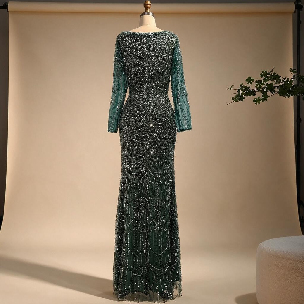 Green Square Collar Long Sleeve Mermaid Pearls Beaded Evening Party Gown Overskirt Dress DLA72032N Customized | Nightbubo