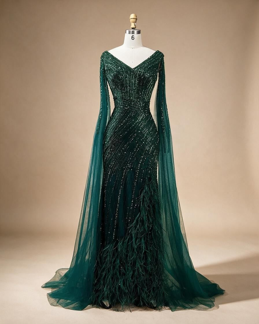 Black Mermaid Cape Sleeves Feathers Beaded Evening Dresses Party Gowns with Split for Women DLA72216 Customized | Nightbubo