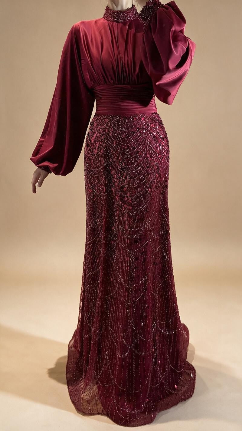 2026 Elegant Mauve Muslim Evening Gowns Dubai High Neck Full Sleeve Formal Party Dress for Women DLA73676 Customized | Nightbubo
