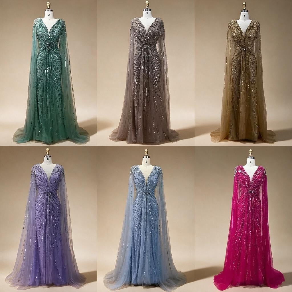 V-neck Turquoise Beaded Mermaid Evening Dress with Cape Plus Size Party Gowns for Women DLA72168A Customized | Nightbubo