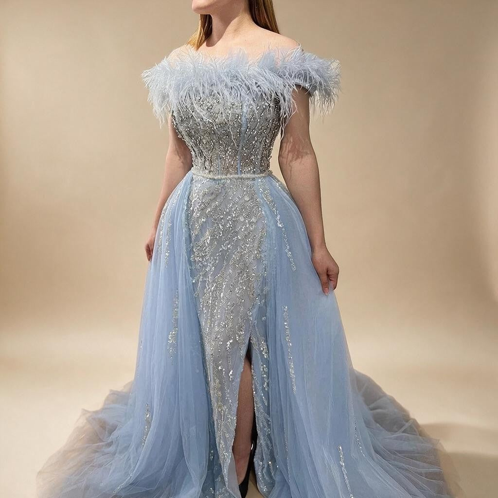 Yellow Feathers Beaded Mermaid Evening Dresses with Overskirt Side Slit Party Gowns for Women DLA72061 Customized | Nightbubo