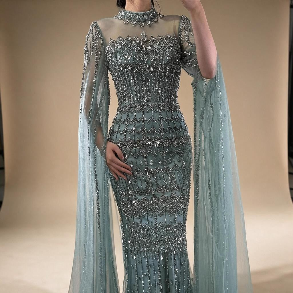 Dubai Blue Beaded Evening Dress with Cape Sleeves Formal Party Gowns for Women DLA72714A Customized | Nightbubo