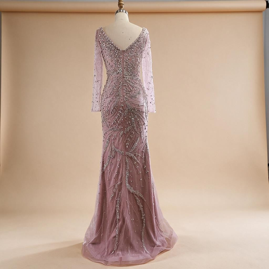 Pink V-neck Long Sleeves Mermaid Luxury Beaded Evening Dress 2026 Wedding Party Gowns DLA73191 Customized | Nightbubo