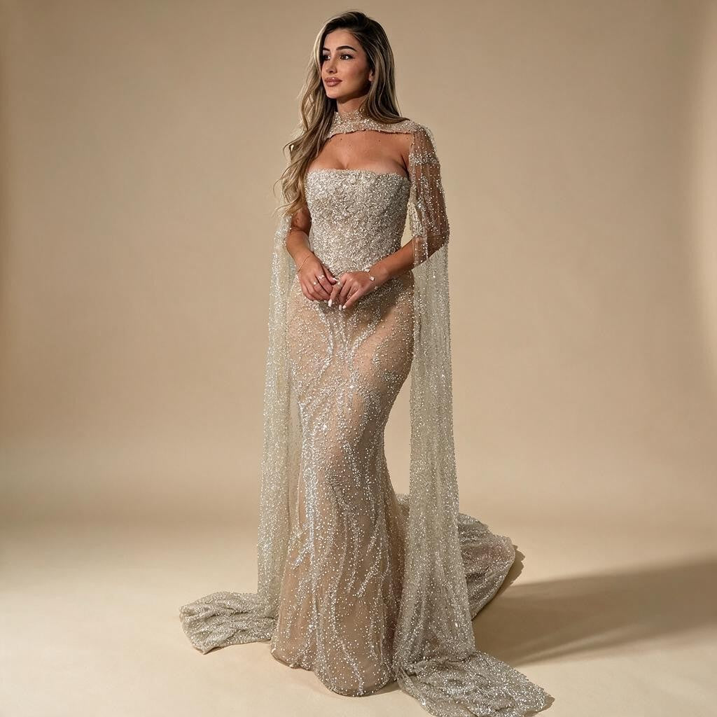 Red Mermaid Detachable Cape Sleeves Evening Dresses with Lace Up Back Party Gowns for Women DLA72824 Customized | Nightbubo