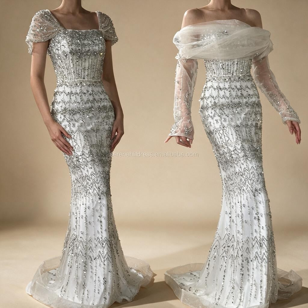 Blue Mermaid Beaded Evening Dresses with Detachable Sleeves Elegant Party Gowns for Women DLA72714 Customized | Nightbubo