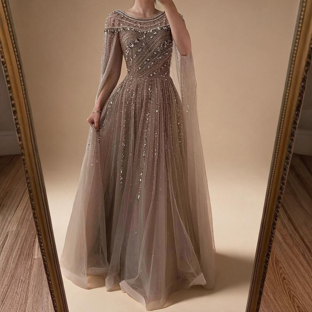 Pink A-line Evening Dress with Cape Sleeves Beaded Wedding Party Gowns for Women DLA72994 Customized | Nightbubo