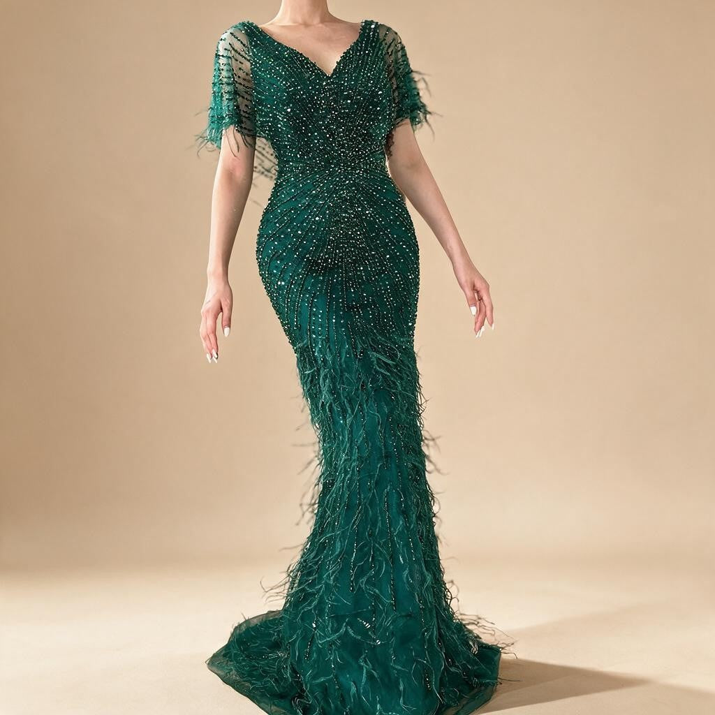 Brown Mermaid Beaded Feathers Evening Dresses Elegant Party Gowns for Women DLA71323 Customized | Nightbubo