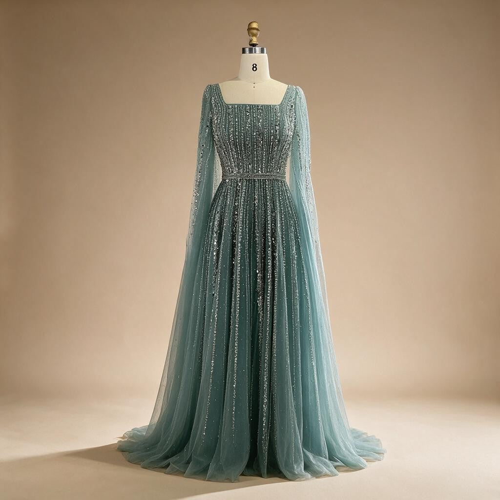 Turquoise Square Collar Beaded Evening Dress with Cape Sleeves Dubai Pary Gowns for Women DLA73188 Customized | Nightbubo