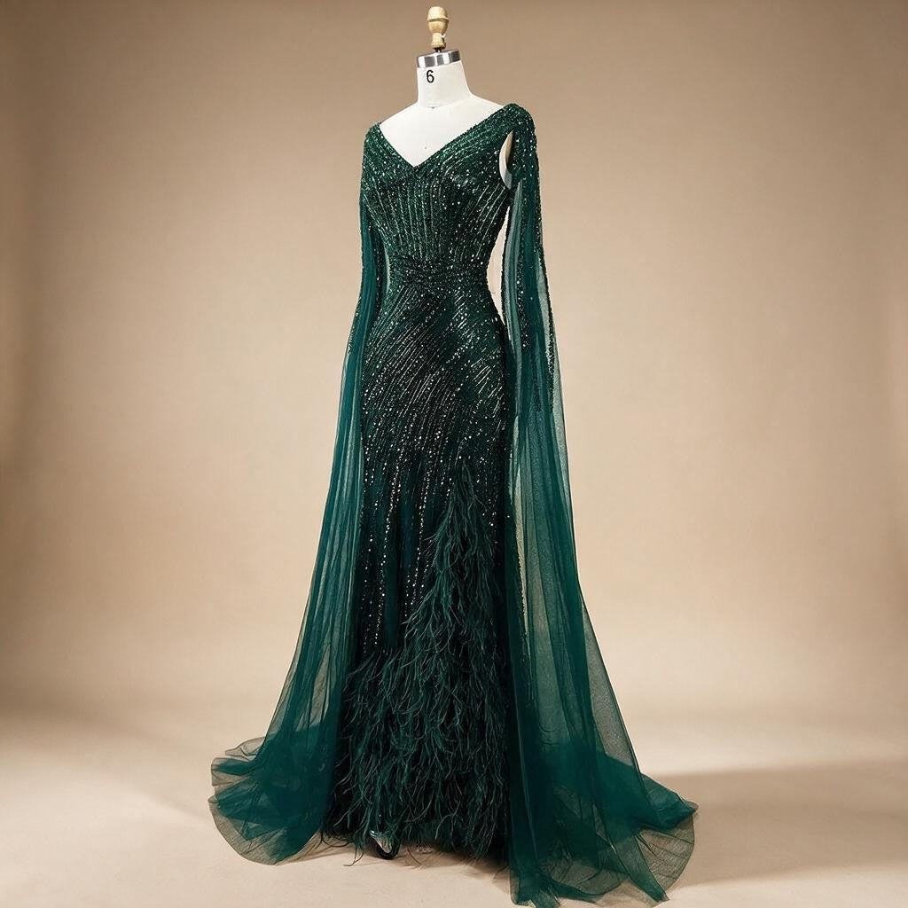 Black Mermaid Cape Sleeves Feathers Beaded Evening Dresses Party Gowns with Split for Women DLA72216 Customized | Nightbubo