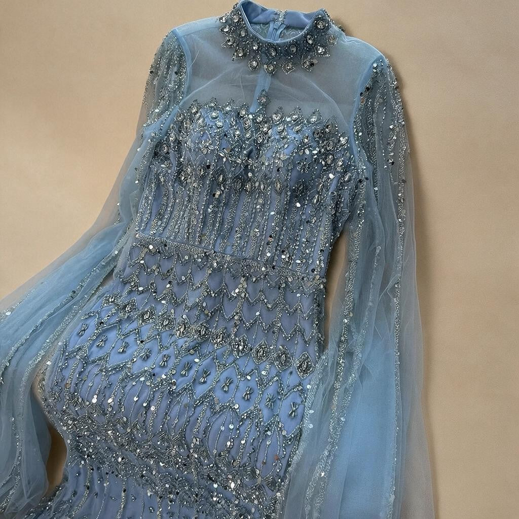 Dubai Blue Beaded Evening Dress with Cape Sleeves Formal Party Gowns for Women DLA72714A Customized | Nightbubo